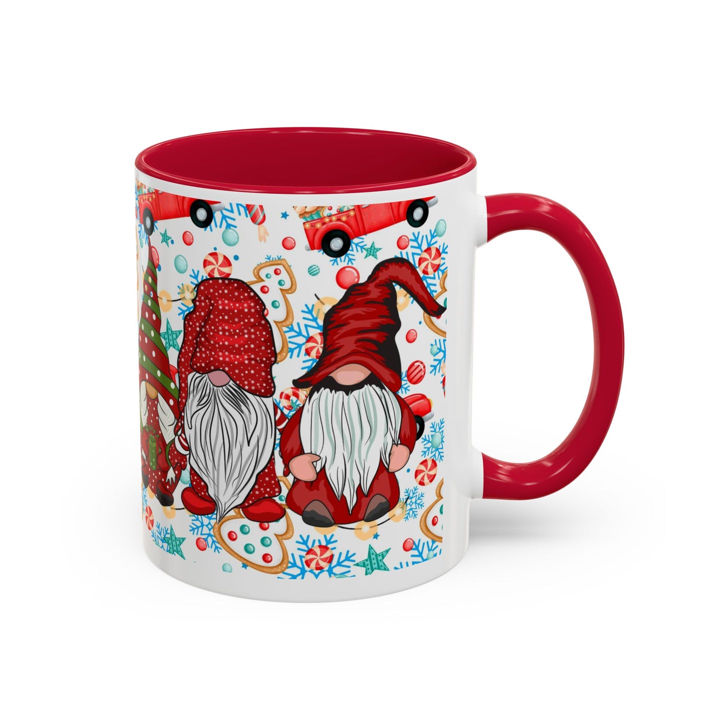 Festive Christmas gnome coffee mug with gingerbread design and snowflakes, perfect for holiday enjoyment.