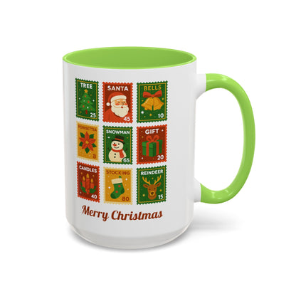 Colorful Holiday Stamp Mug, Festive Mug, Hot Cocoa Mug, Gift for Her, Secret Santa Gift, Stamp Collector, Christmas Mug