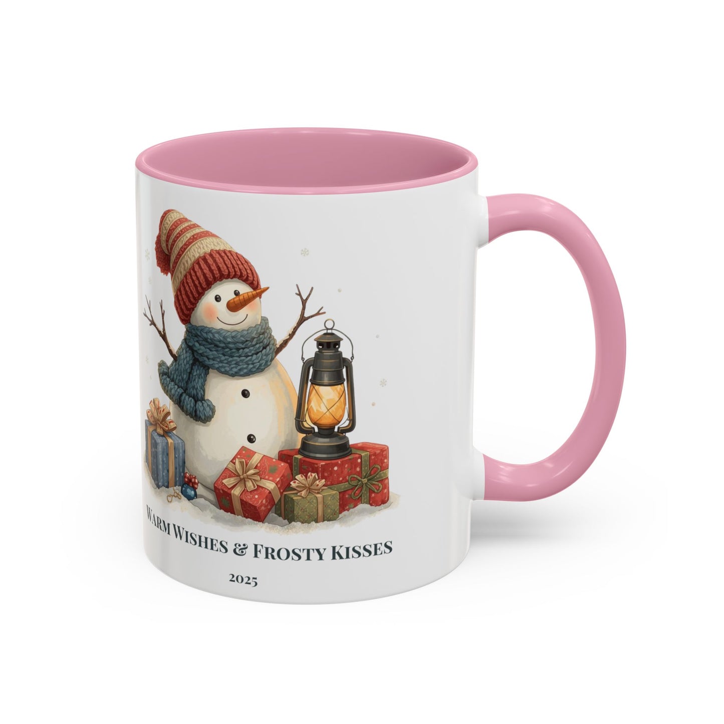 Snowman coffee mug with warm wishes and frosty kisses message, featuring a cheerful snowman and lantern design.