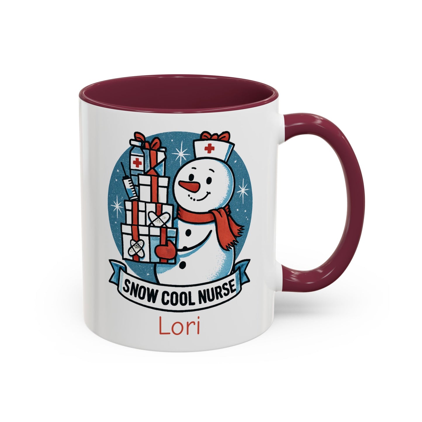 Personalized Snowman Nurse Mugs with festive designs and custom names, perfect holiday gift for nurses.