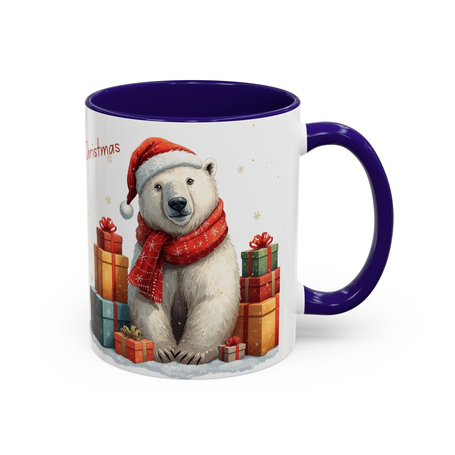 Cute Polar Bear Christmas mug with a red scarf and Santa hat, surrounded by colorful gift boxes.
