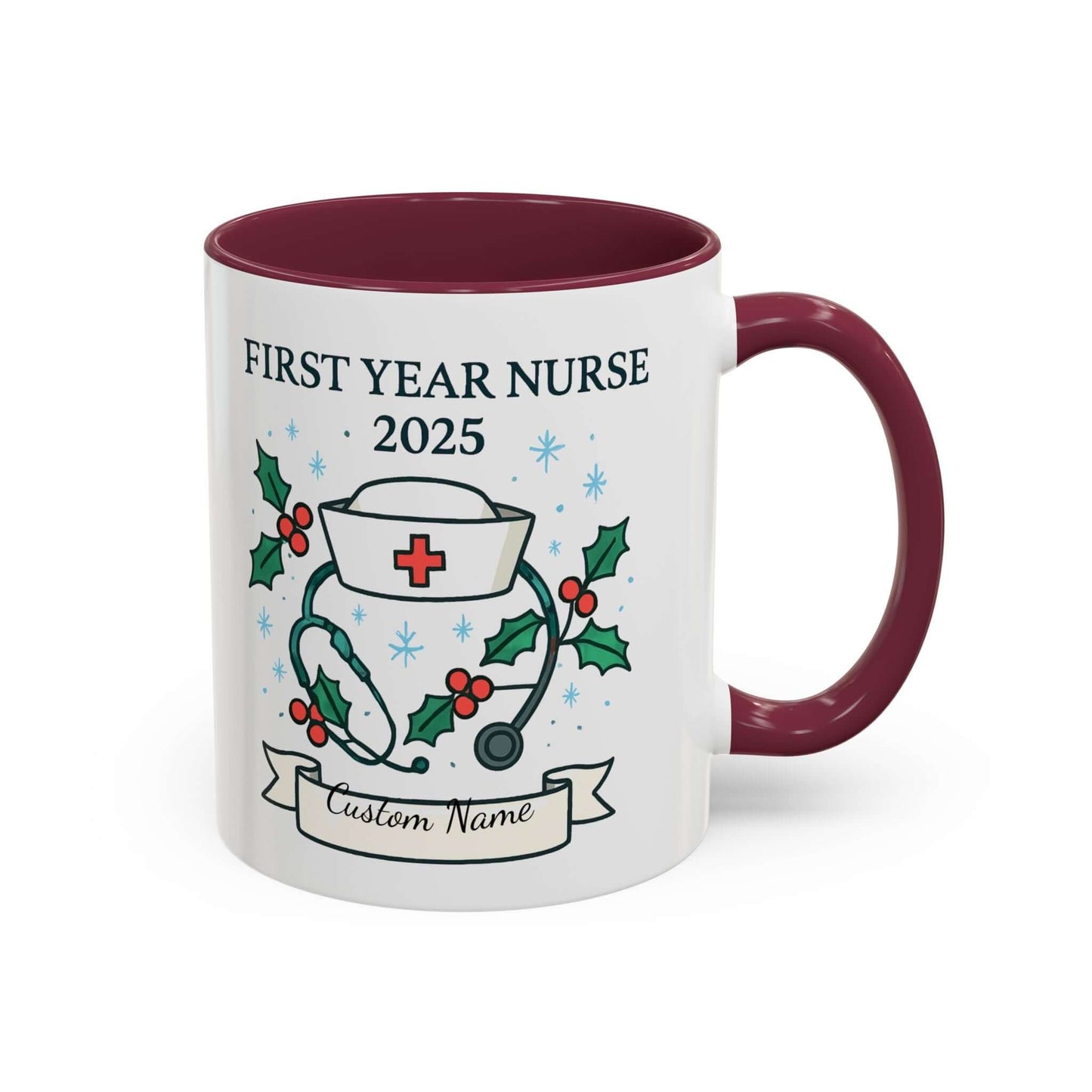 Personalized first year nurse mug with festive design and customizable name for 2025 graduation.