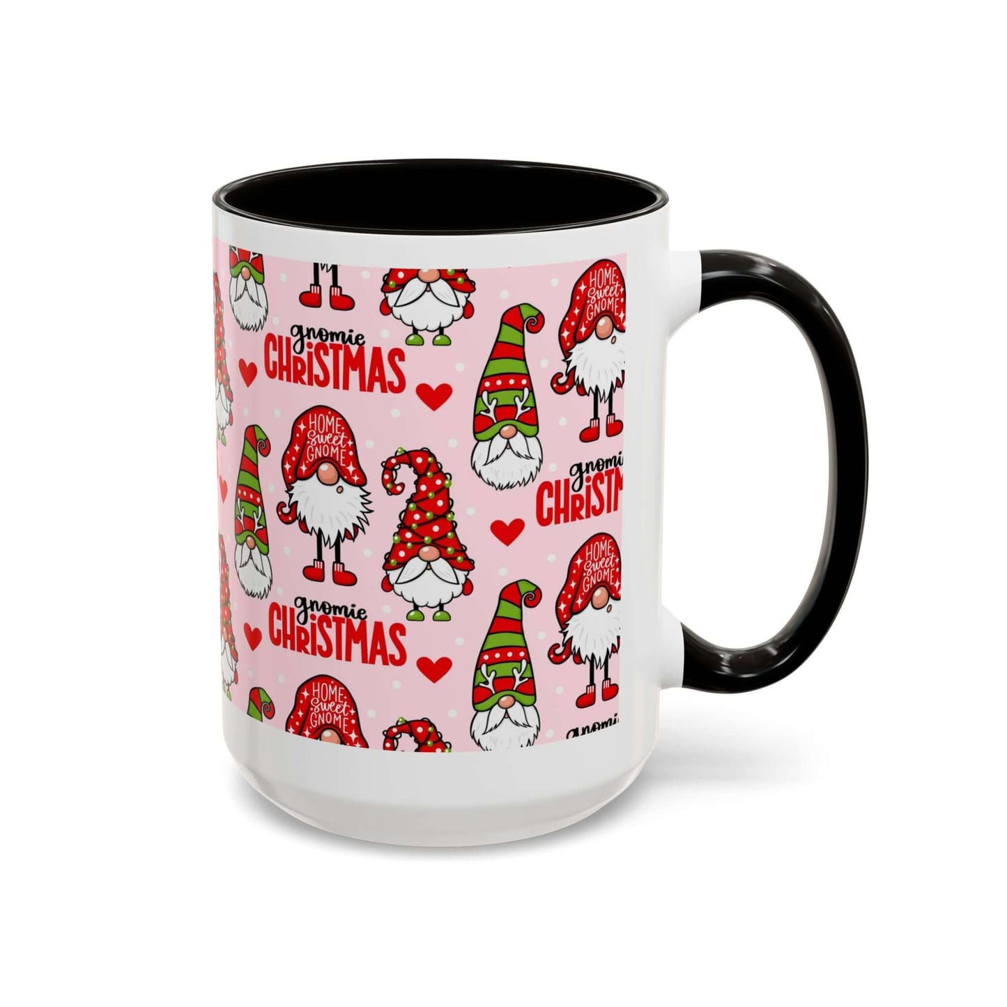 Festive Christmas gnome coffee mug with playful pink background and black handle, perfect for holiday cheer.