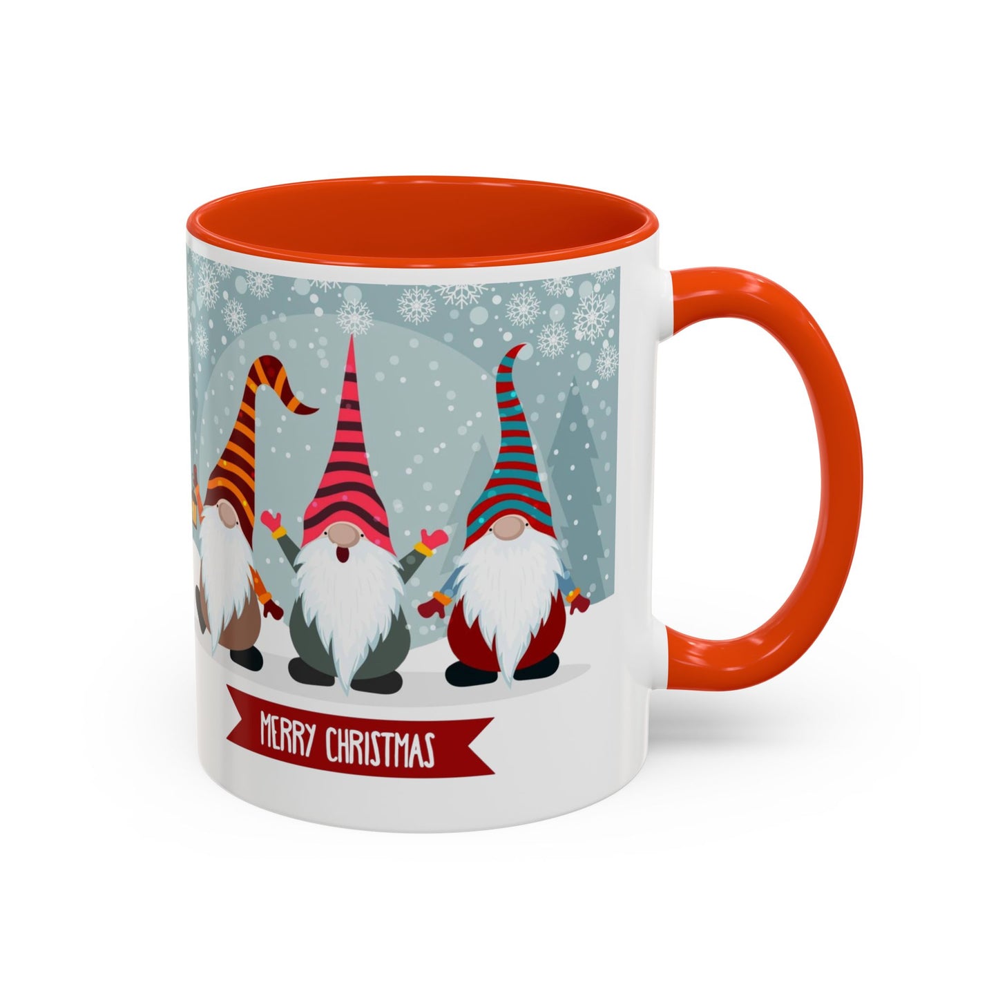 Merry Christmas gnome mug featuring colorful gnomes in festive hats, perfect for holiday coffee.