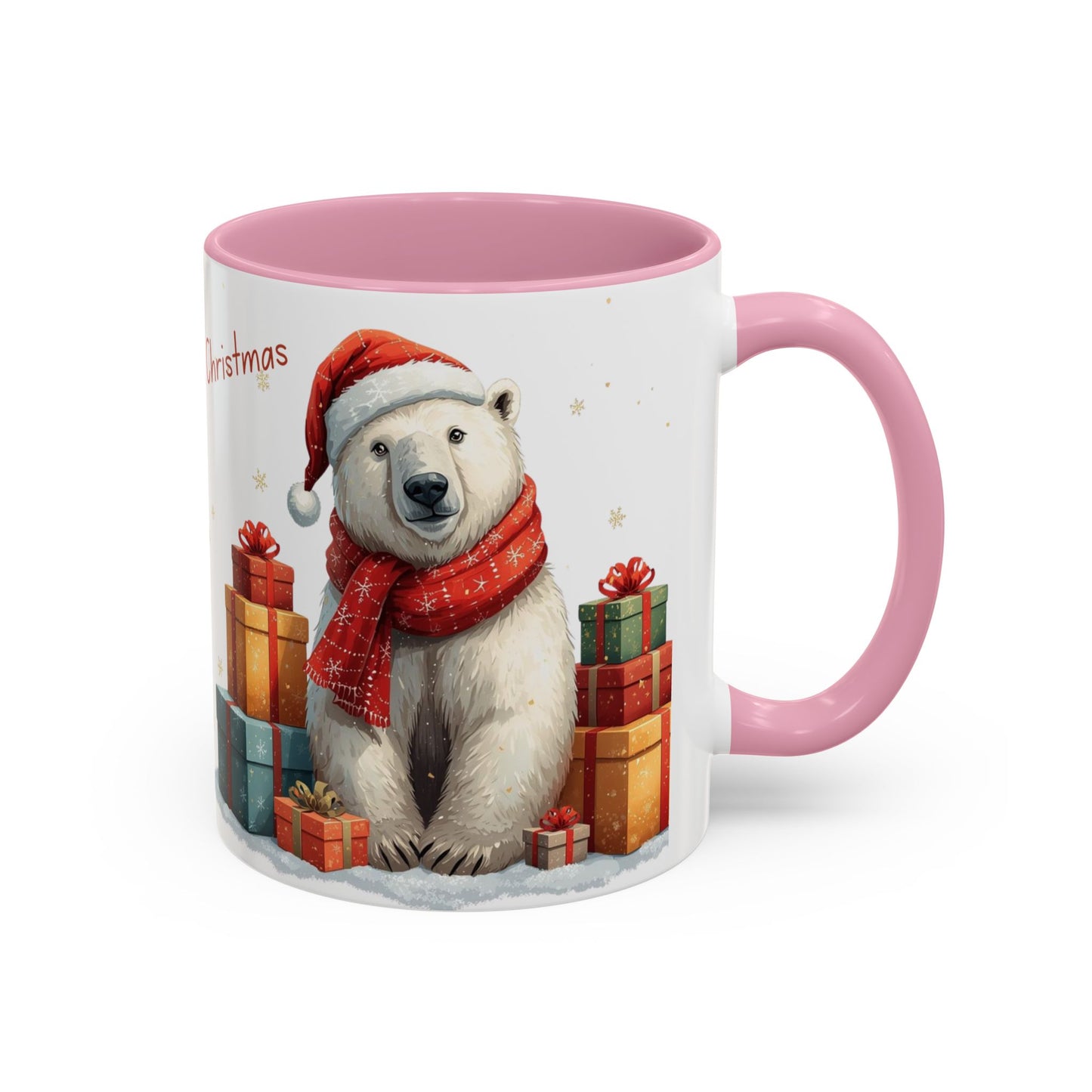 Cute Polar Bear Christmas mug with a red scarf and Santa hat, surrounded by colorful gift boxes.