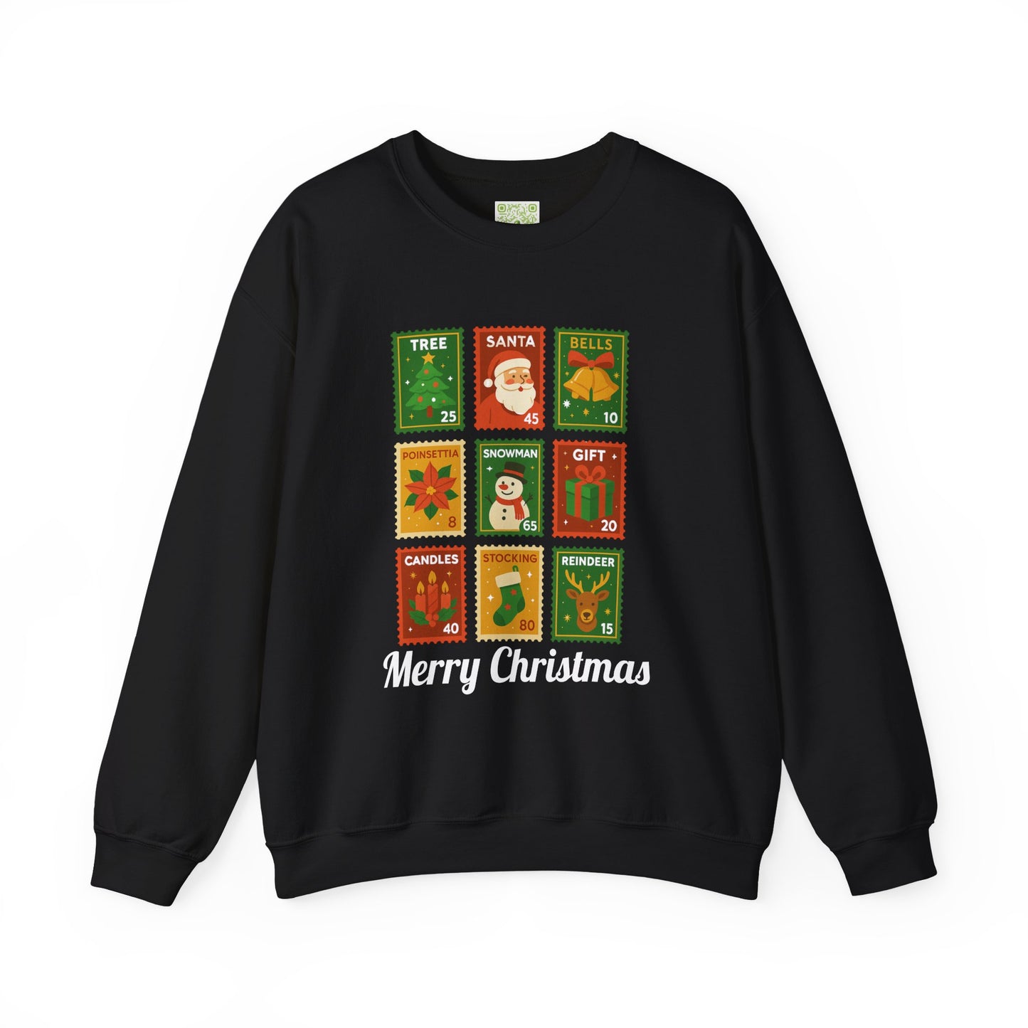 Postage stamp Christmas sweater in forest green featuring holiday designs and 'Merry Christmas' text