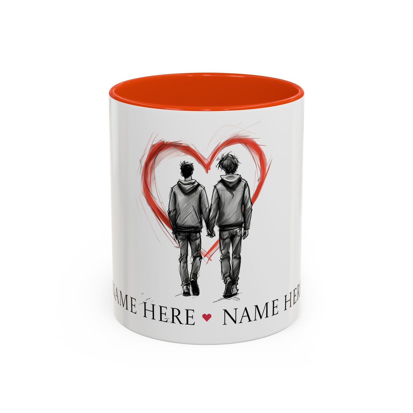 Personalized gay couple coffee mug with names, heart design, perfect for anniversaries and weddings.