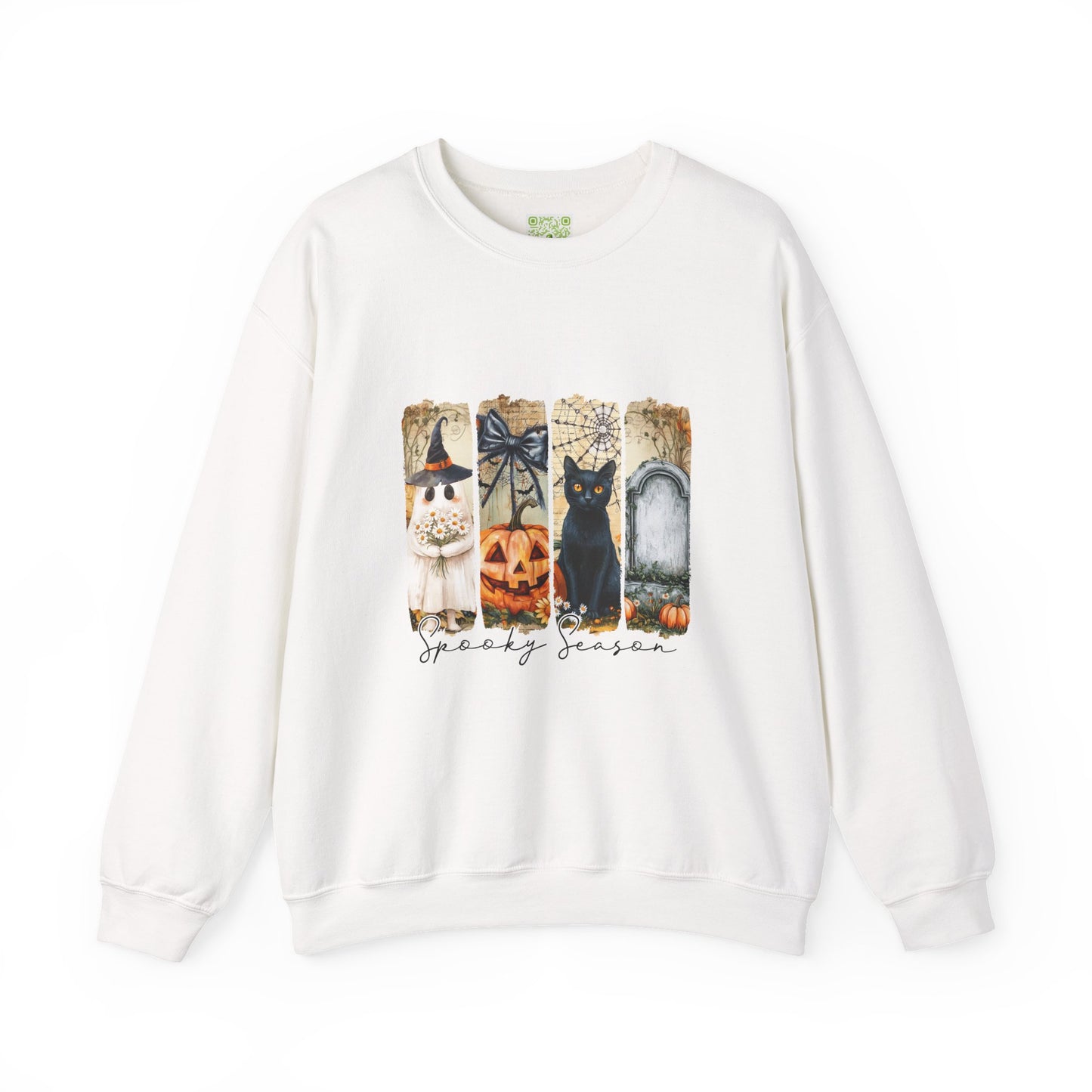 Spooky season sweatshirt featuring witch, black cat, pumpkin, and graveyard design for Halloween charm.
