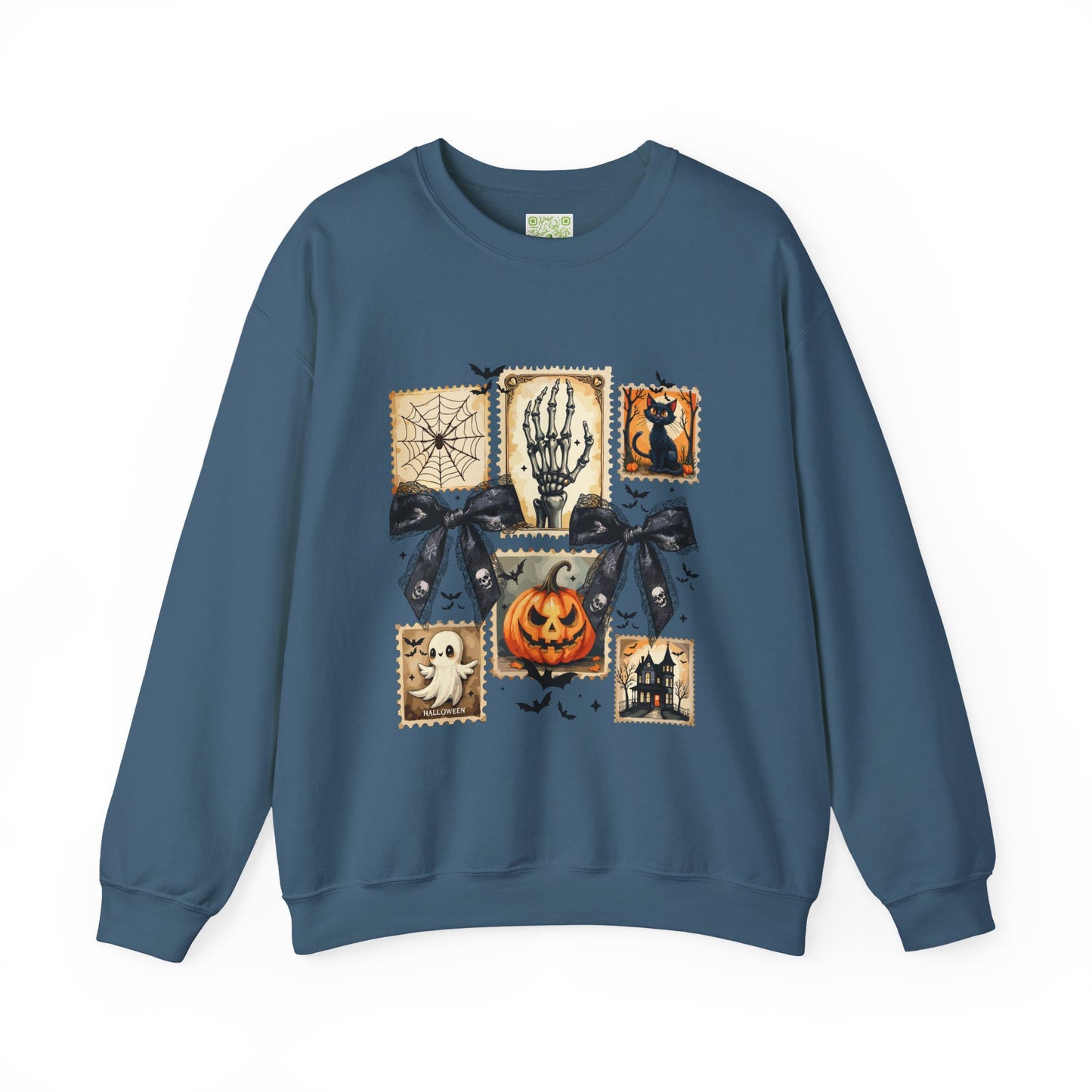 Halloween themed sweatshirt featuring spooky graphics, pumpkins, ghosts, and skeletons, perfect for fall celebrations.