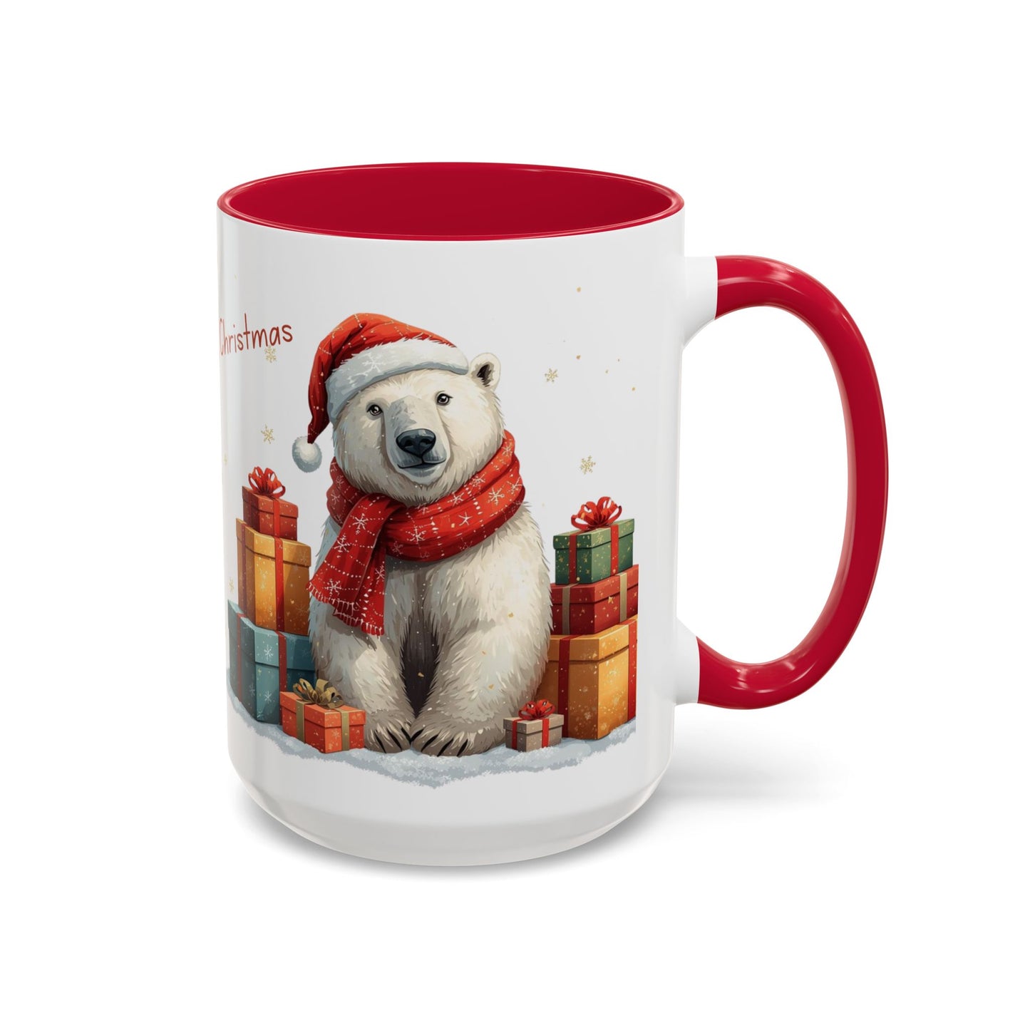 Cute Polar Bear Christmas mug with a red scarf and Santa hat, surrounded by colorful gift boxes.