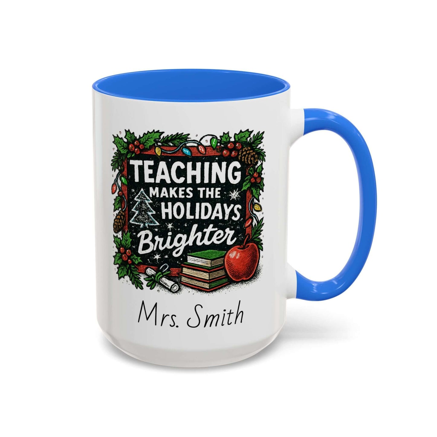 Personalized teacher holiday mug with festive design, marshmallows, and candy cane for a joyful gift.