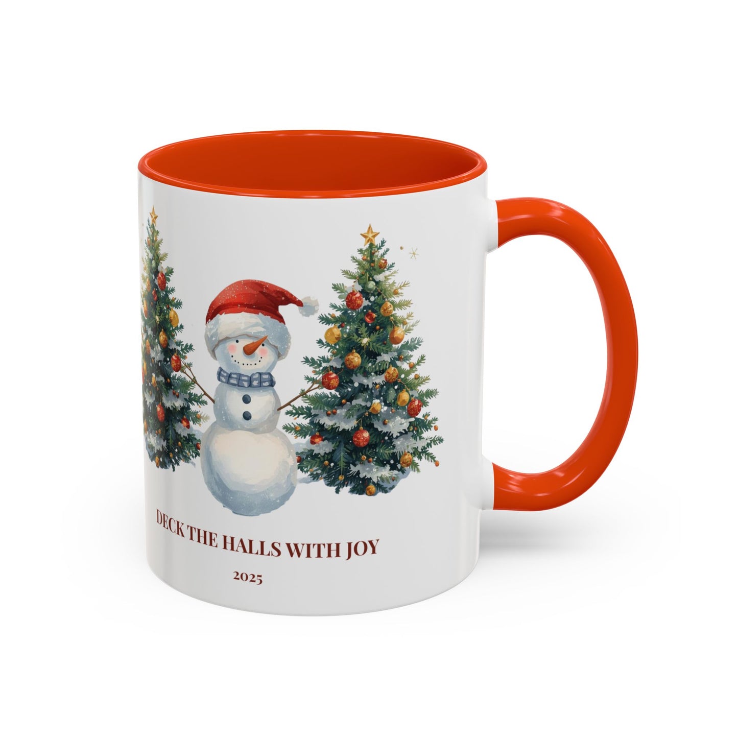 Festive snowman coffee mug featuring cheerful Christmas trees and a joyful holiday design.