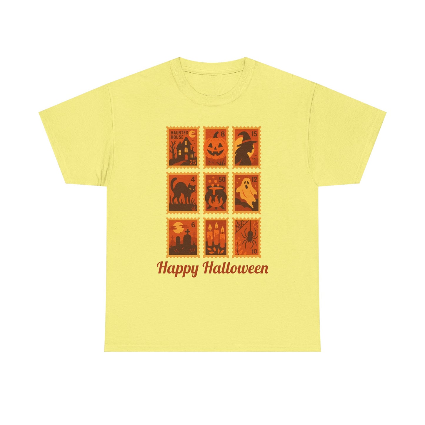  Halloween postage stamp t-shirt featuring spooky designs and 'Happy Halloween' text, perfect for fall fashion.