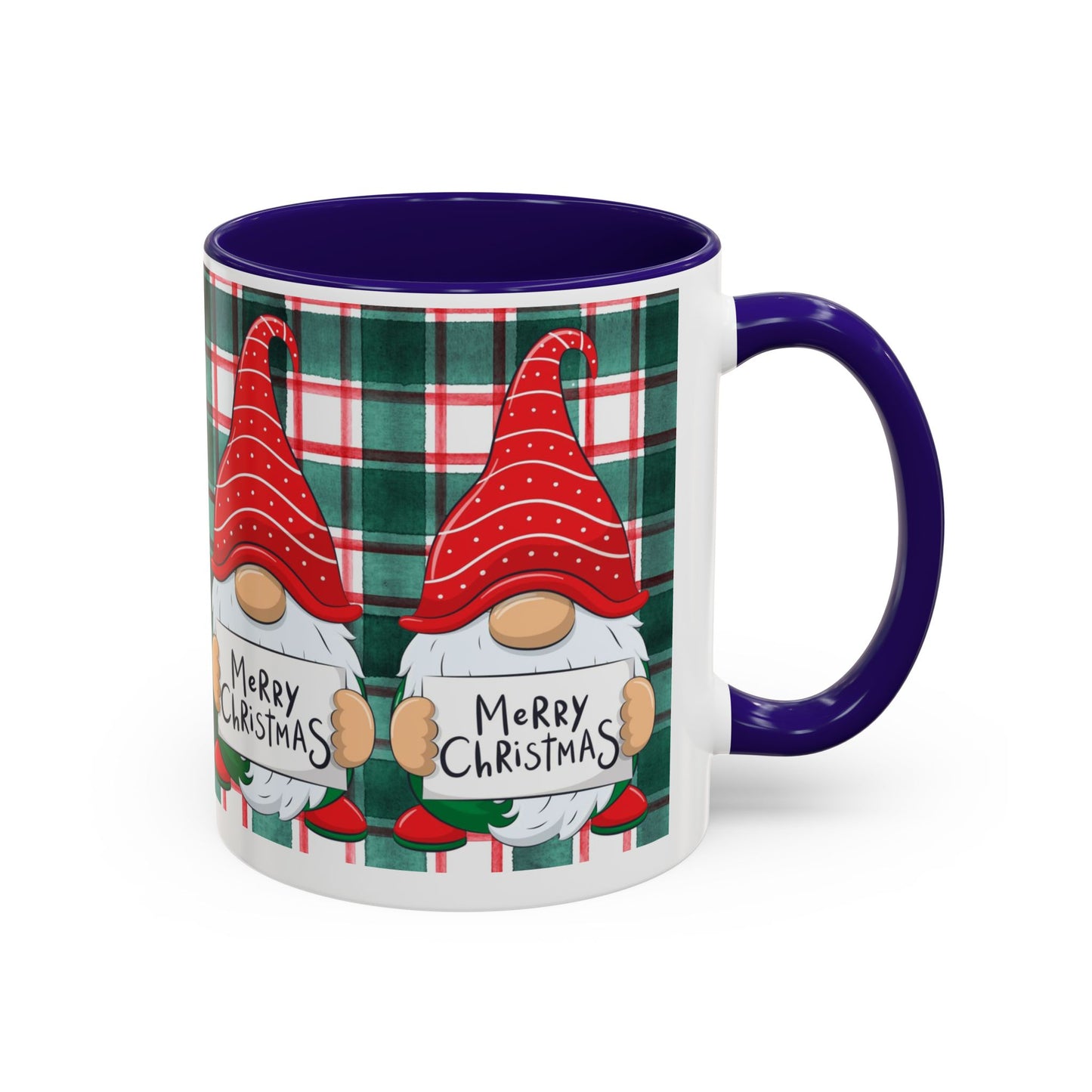 Festive Christmas gnome mug with holiday design, featuring gnomes and a plaid background.