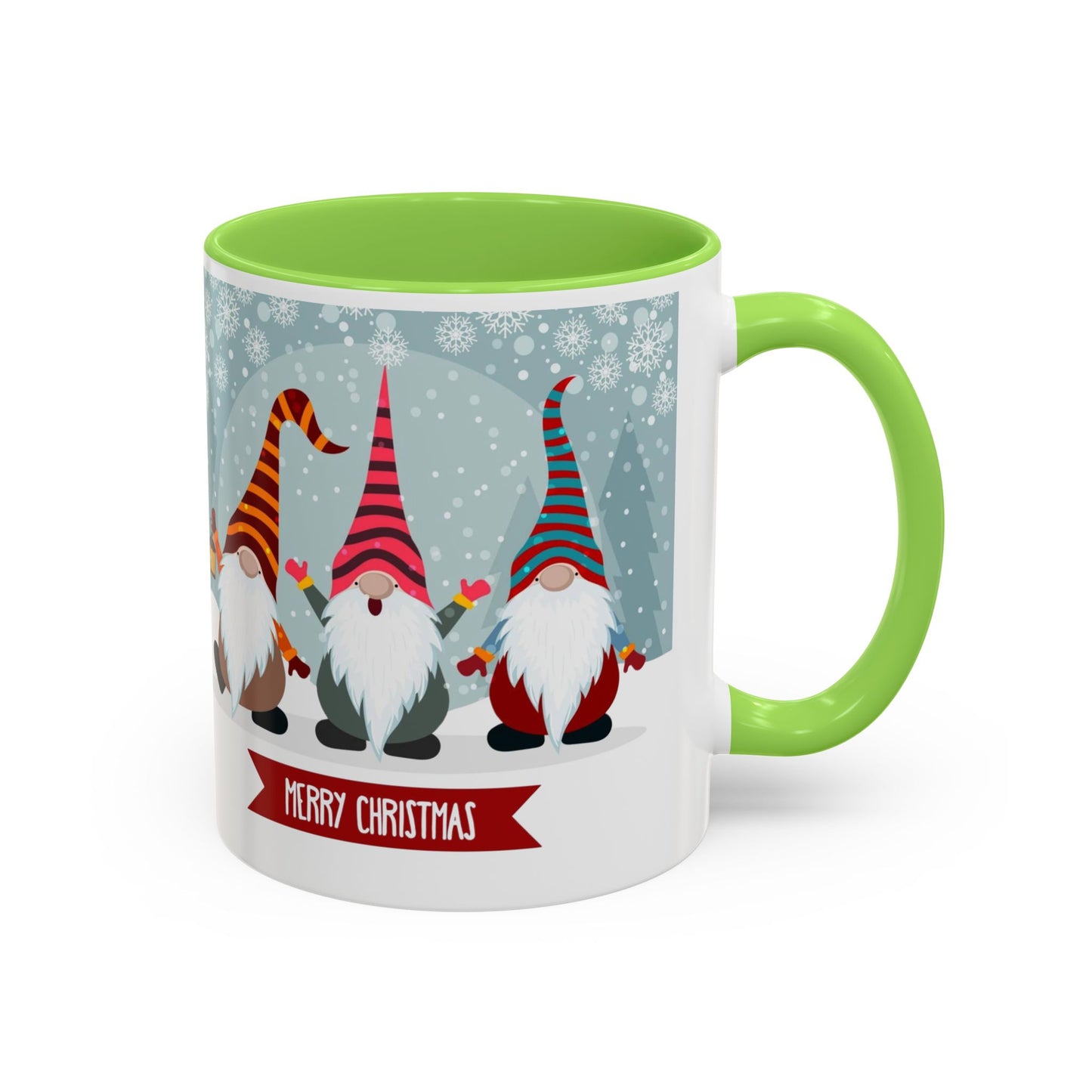 Merry Christmas gnome mug featuring colorful gnomes in festive hats, perfect for holiday coffee.