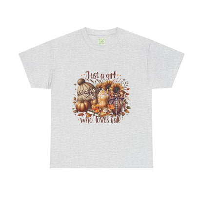  Fall-themed unisex tee featuring 'Just a Girl Who Loves Fall' design, perfect for autumn wear.