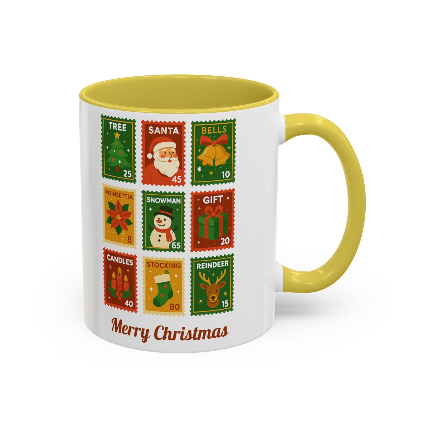Colorful Holiday Stamp Mug, Festive Mug, Hot Cocoa Mug, Gift for Her, Secret Santa Gift, Stamp Collector, Christmas Mug