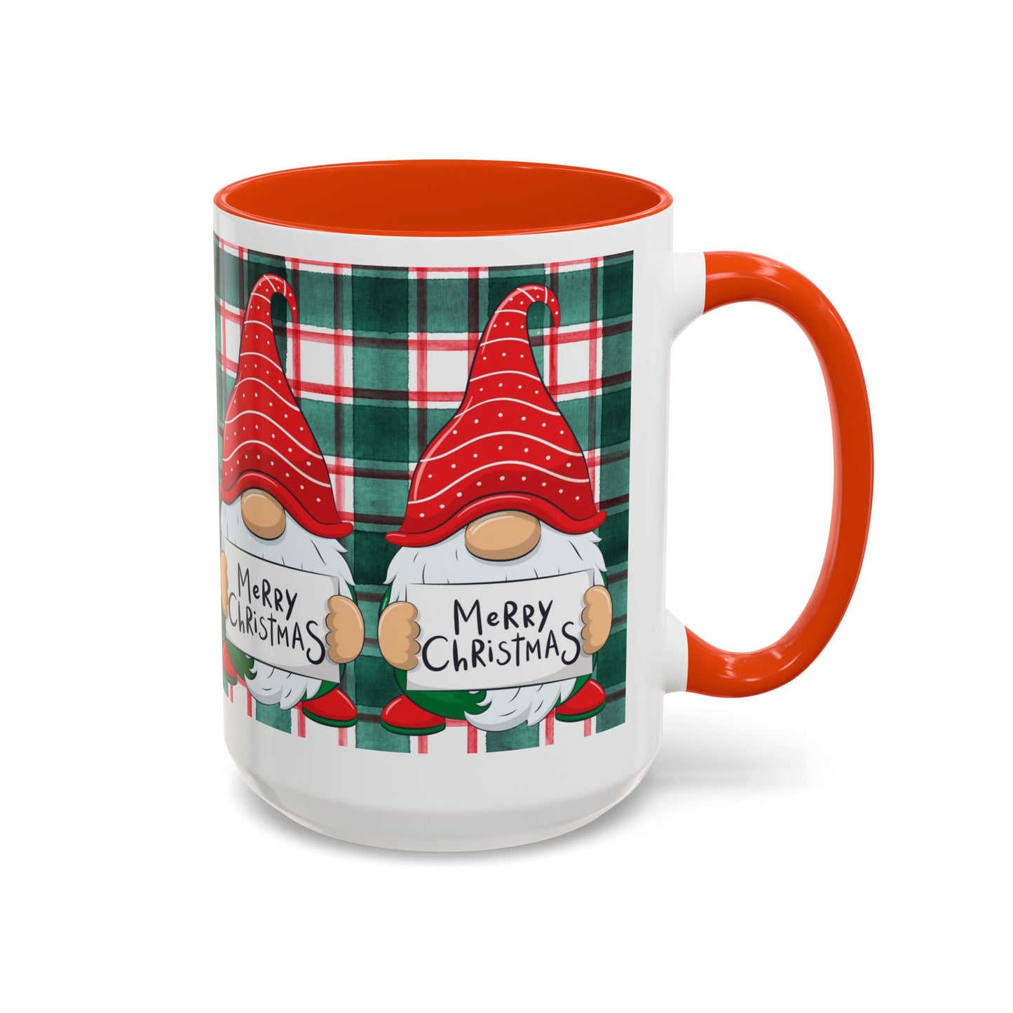 Festive Christmas gnome mug with holiday design, featuring gnomes and a plaid background.