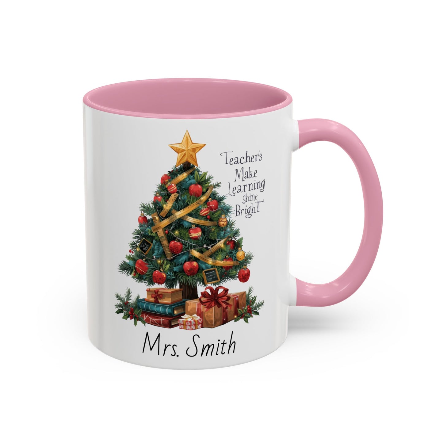 Personalized Christmas teacher mug with festive tree design, custom name, red handle, perfect holiday gift.