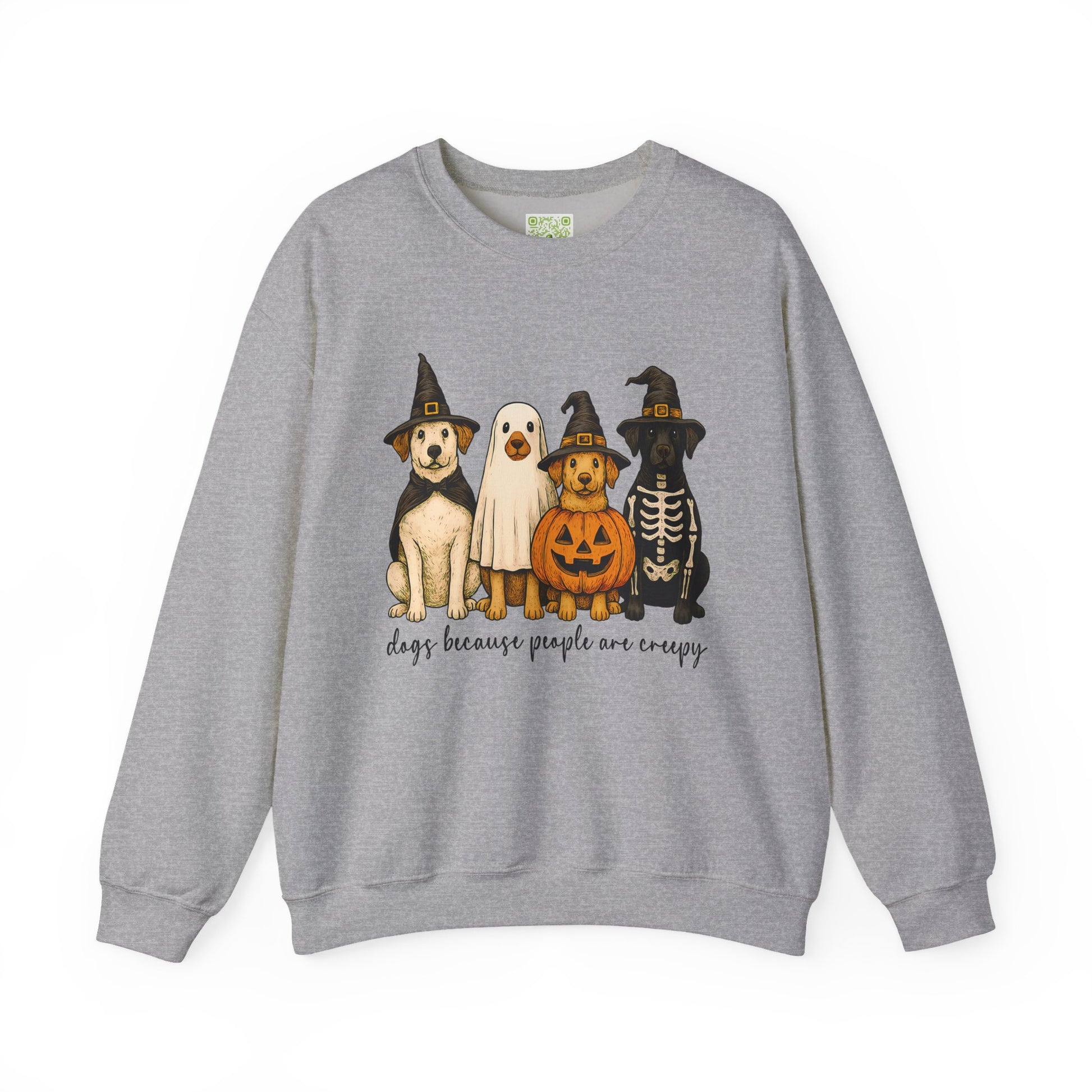 sweatshirt featuring cute dogs in Halloween costumes with text 'dogs because people are creepy'.