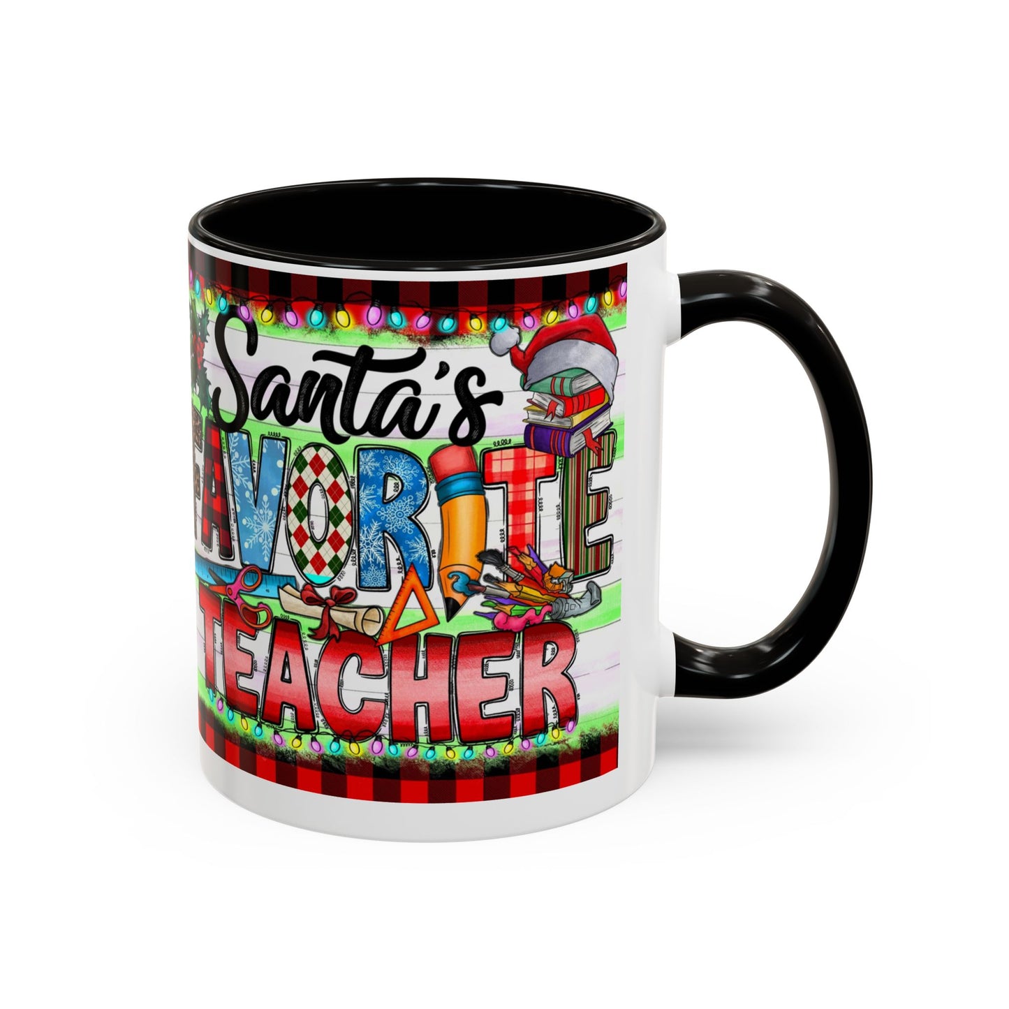 Santa's favorite teacher mug, perfect holiday gift for educators with festive design and vibrant colors.
