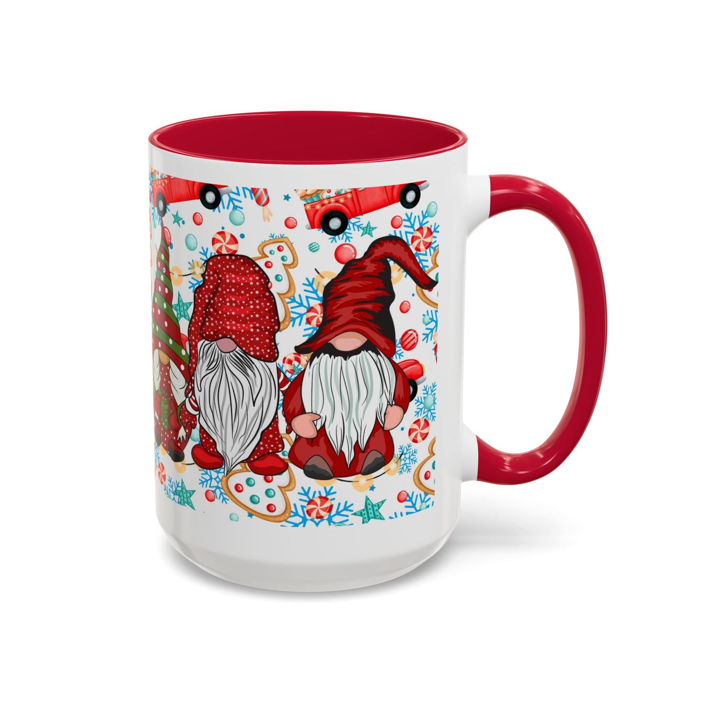 Festive Christmas gnome coffee mug with gingerbread design and snowflakes, perfect for holiday enjoyment.