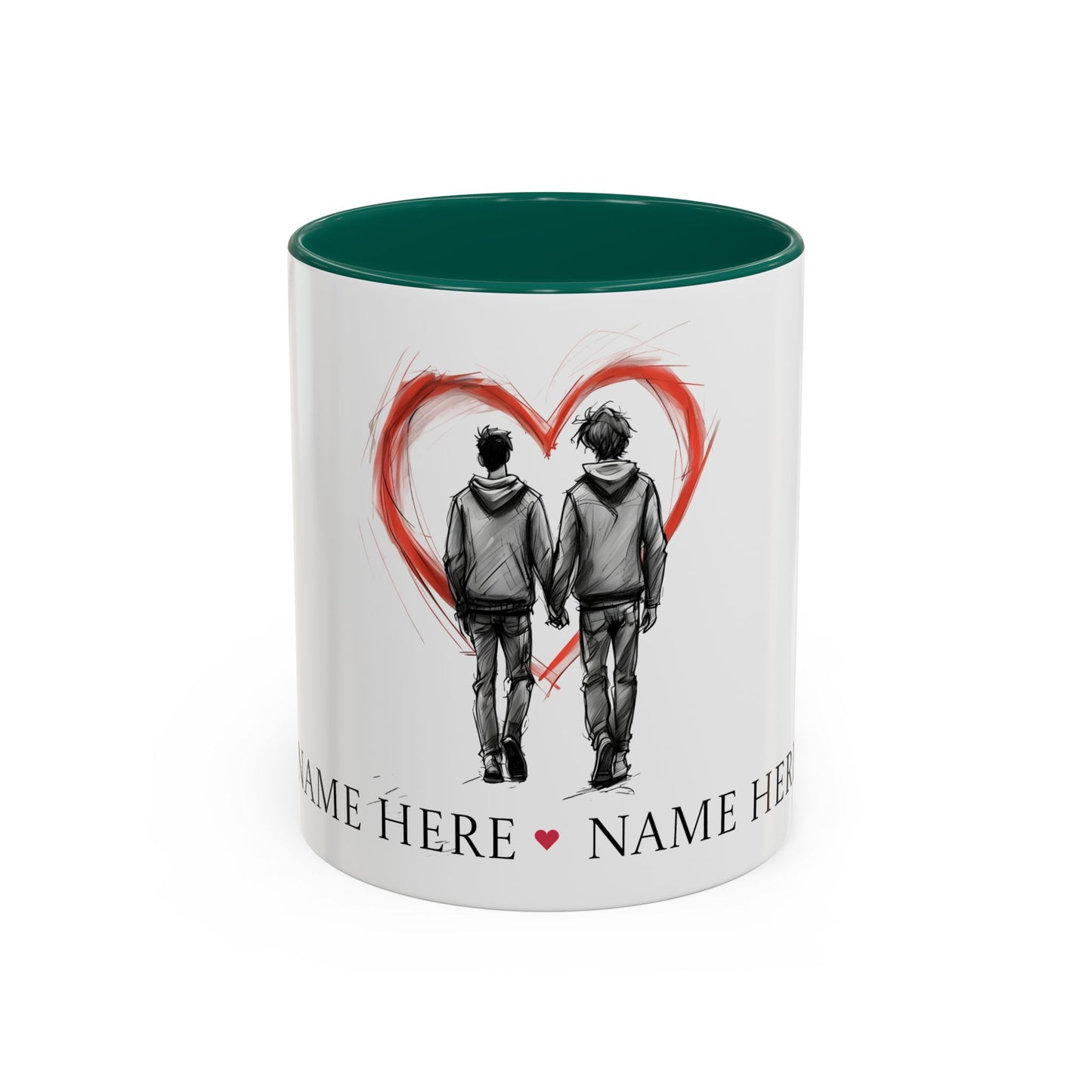 Personalized gay couple coffee mug with names, heart design, perfect for anniversaries and weddings.