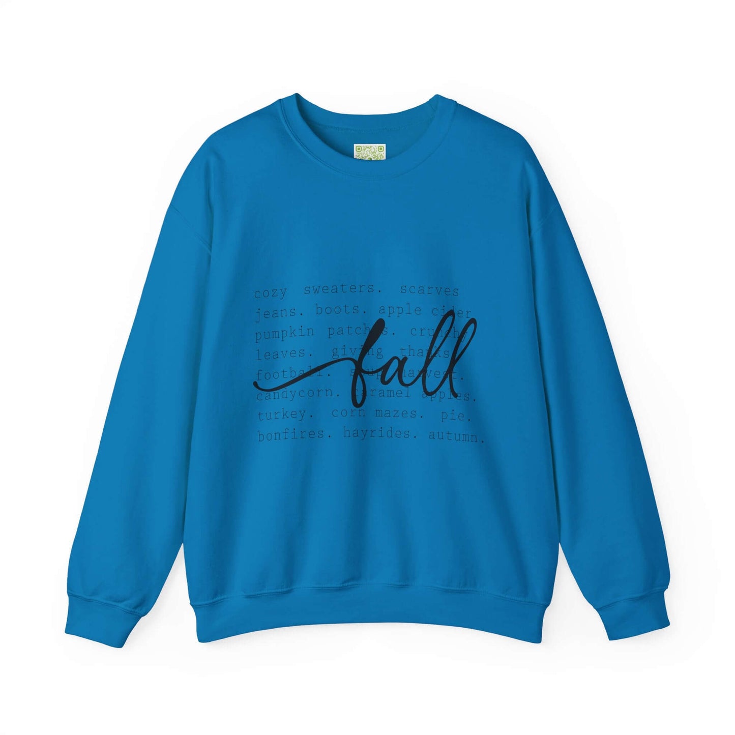 Cozy blue fall sweatshirt featuring autumn-themed text, perfect for sweater weather and enjoying the harvest season.