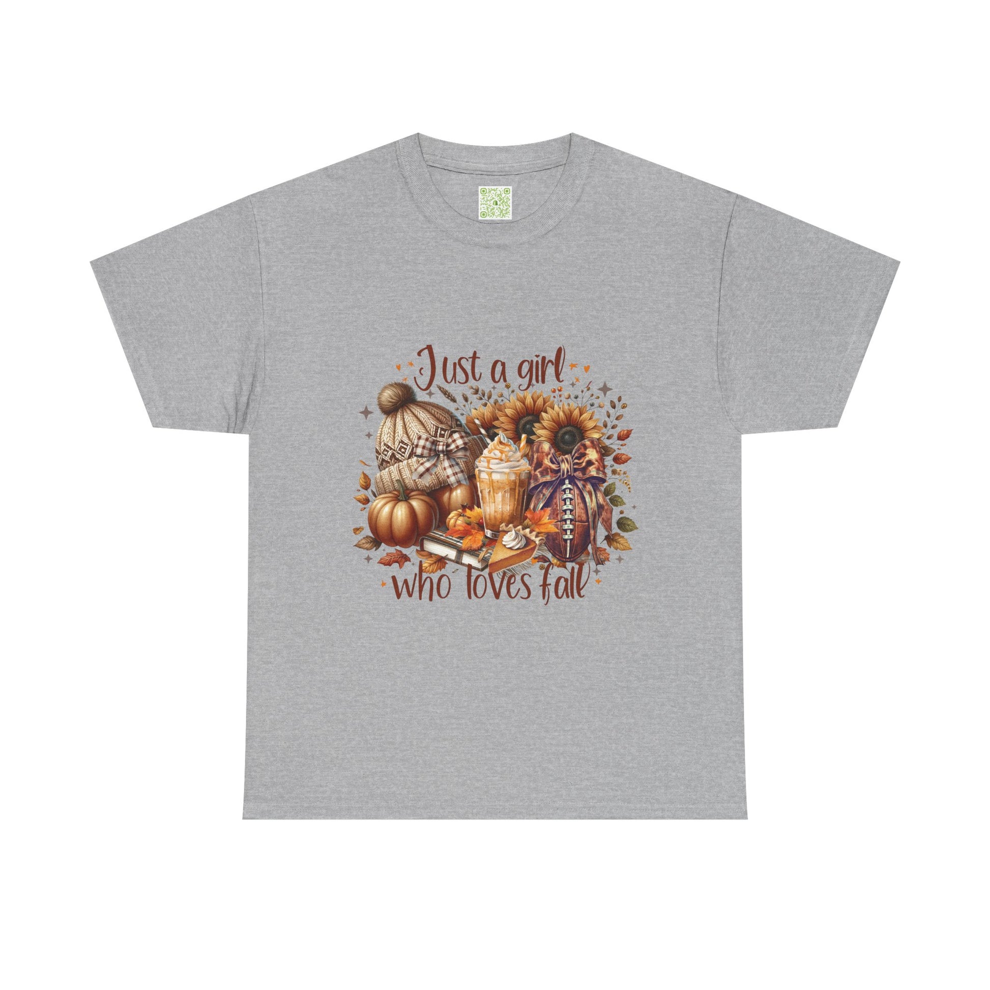  Fall-themed unisex tee featuring 'Just a Girl Who Loves Fall' design, perfect for autumn wear.