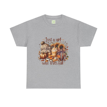  Fall-themed unisex tee featuring 'Just a Girl Who Loves Fall' design, perfect for autumn wear.