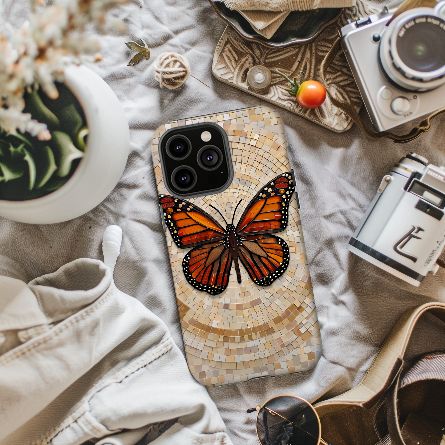 Monarch Butterfly Mosaic iPhone Case, Orange Butterfly Case, Artistic Phone Cover, Trendy iPhone Case, Wireless Charging Cover