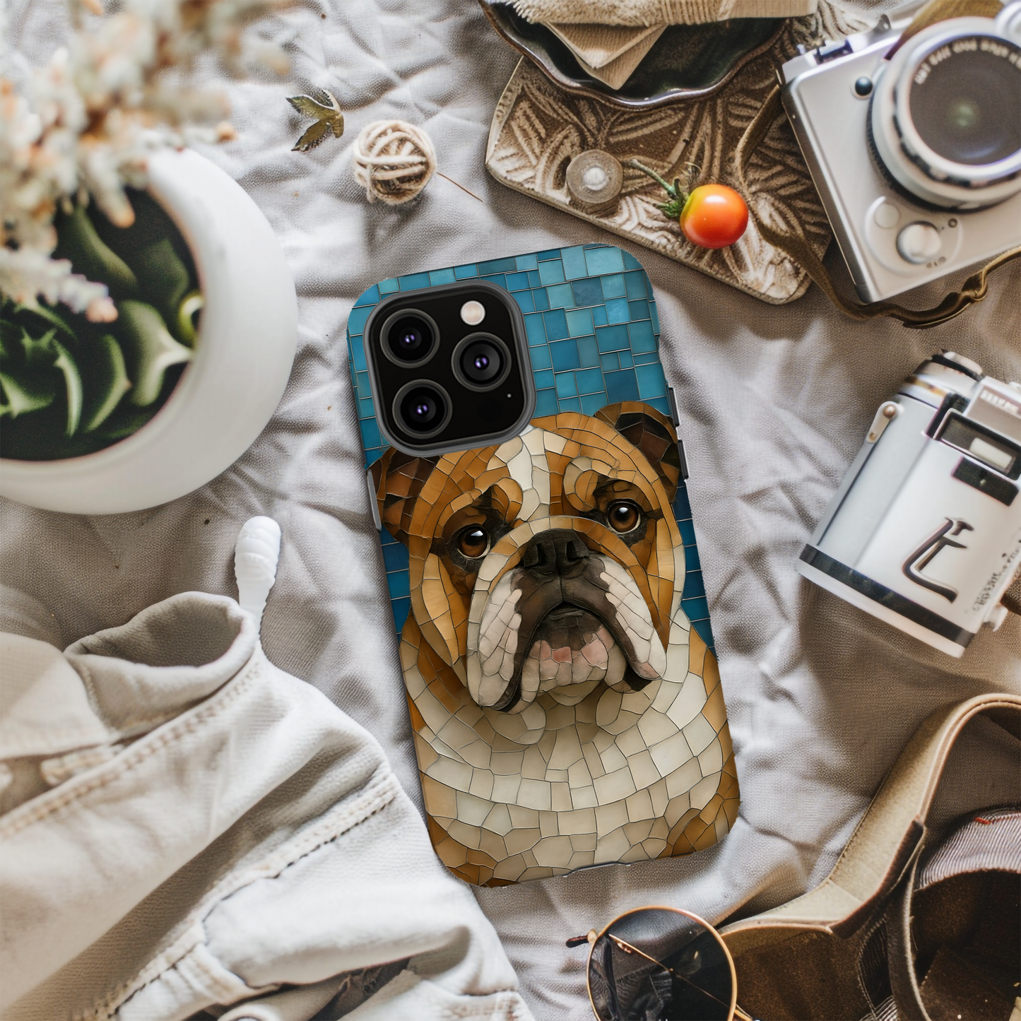 Bulldog Mosaic iPhone Charging Case - Pet Lover's Phone Cover, Dog-Inspired Gift, Unique Mobile Case, Customizable Dog Case, Animal Art Phone [...]