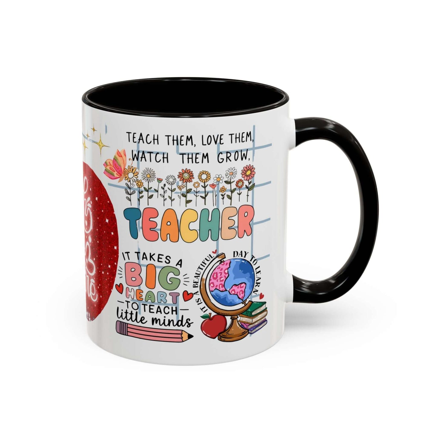 Colorful Teacher Appreciation Coffee Mug featuring inspiring quotes and illustrations, perfect gift for educators.