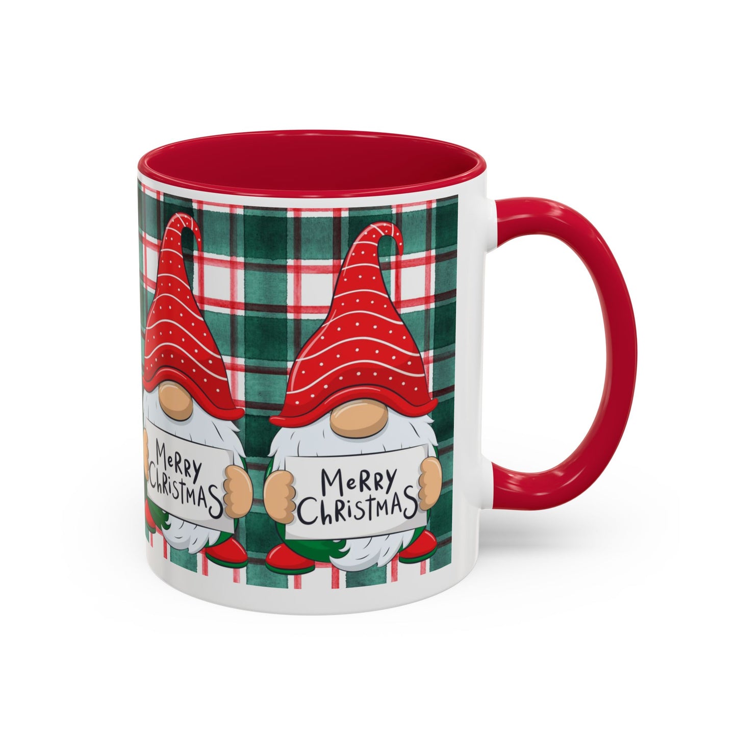 Festive Christmas gnome mug with holiday design, featuring gnomes and a plaid background.