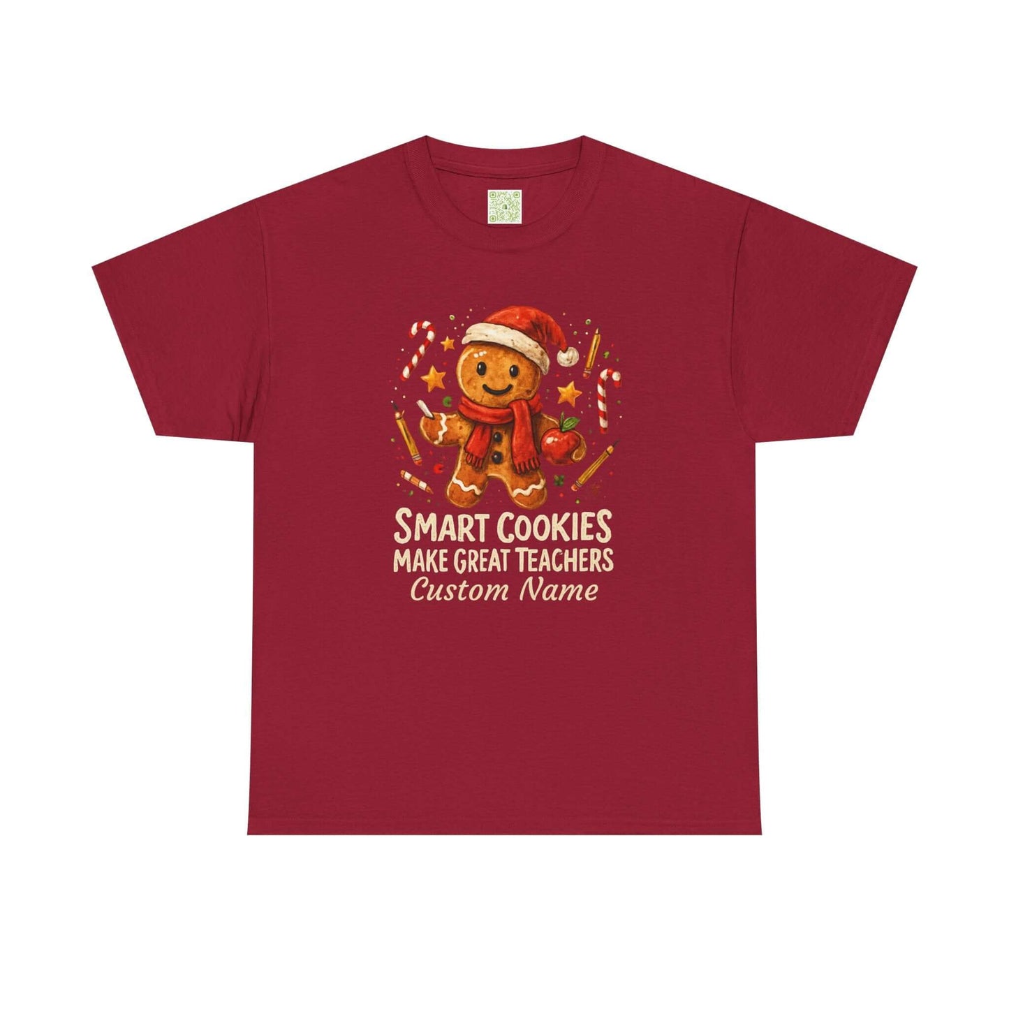 Gingerbread teacher holiday shirt with the phrase 'Smart Cookies Make Great Teachers' and festive decorations.