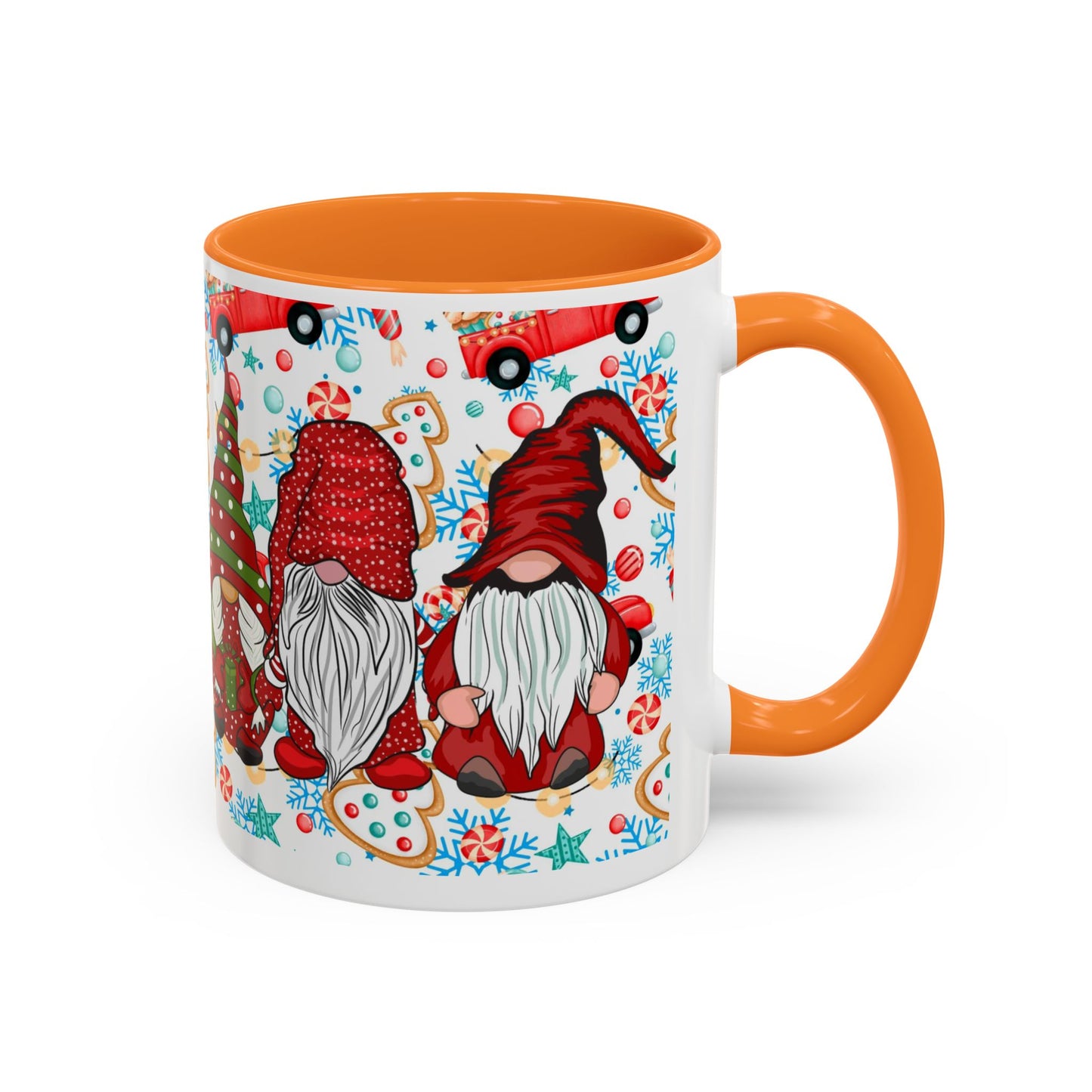 Festive Christmas gnome coffee mug with gingerbread design and snowflakes, perfect for holiday enjoyment.