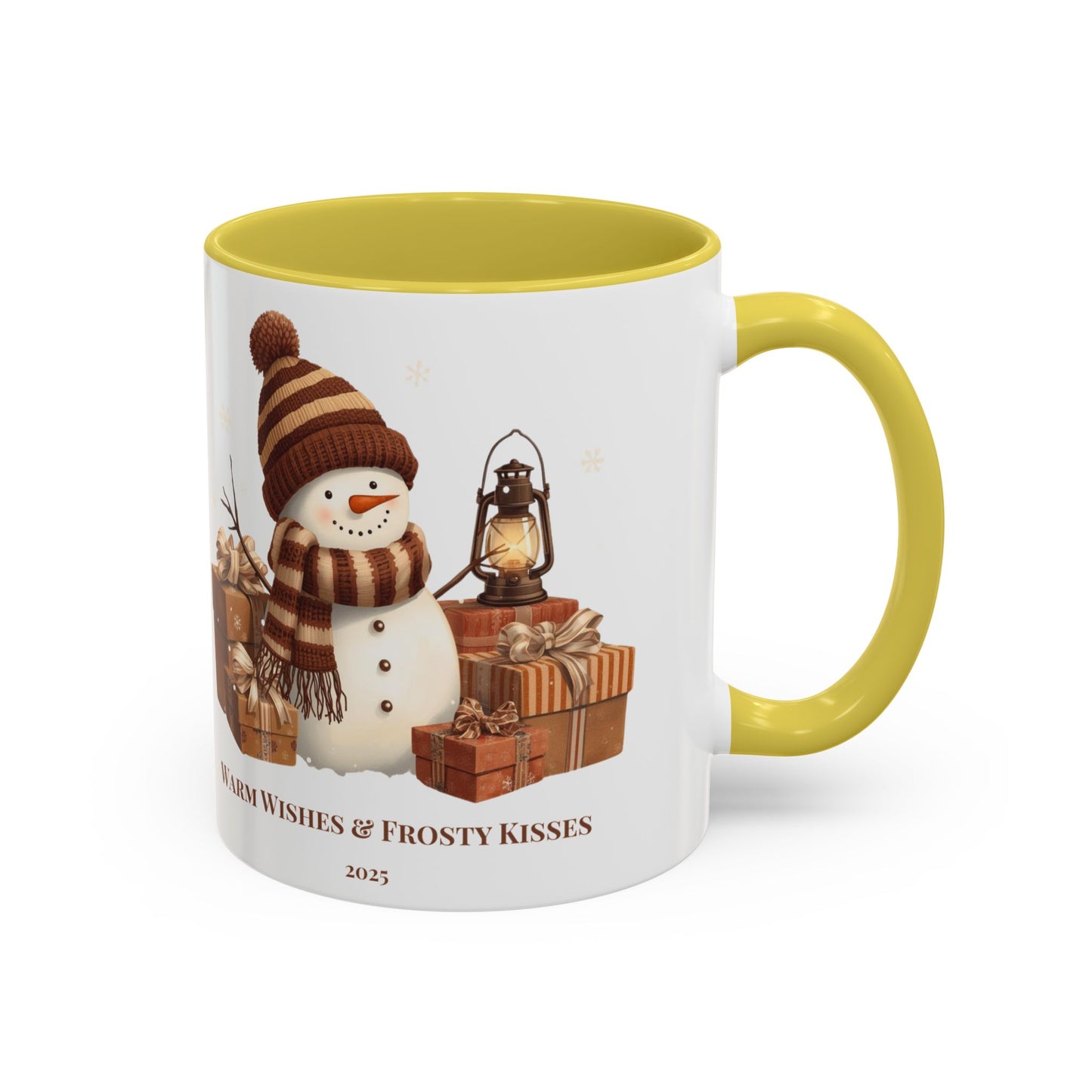 Snowman coffee mug featuring a festive design with gifts and the message 'Warm Wishes & Frosty Kisses'