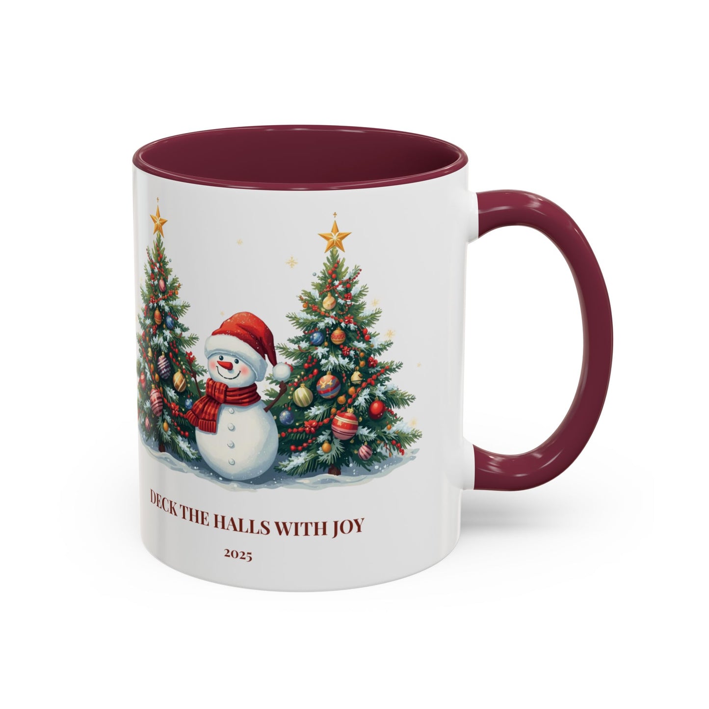 Christmas snowman mug with festive tree design, perfect for holiday drinks and cozy moments.
