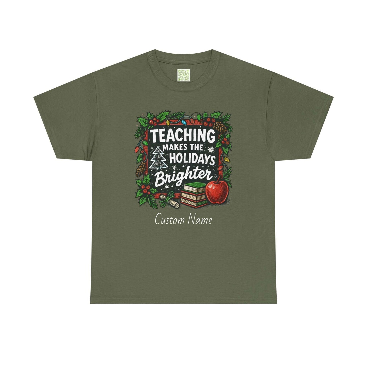 Personalized teacher holiday t-shirt in red with festive design and custom name. Perfect gift for teachers.