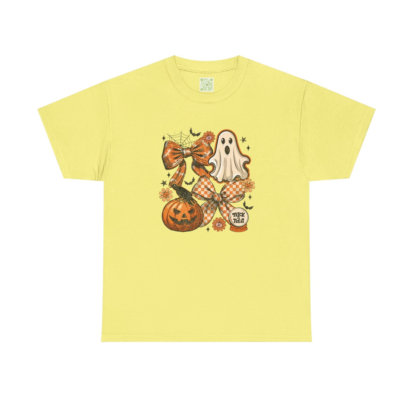 Vintage Coquette Halloween Tee featuring a ghost, pumpkin, and bow on a yellow shirt, perfect for fall festivities.