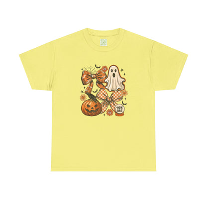 Vintage Coquette Halloween Tee featuring a ghost, pumpkin, and bow on a yellow shirt, perfect for fall festivities.