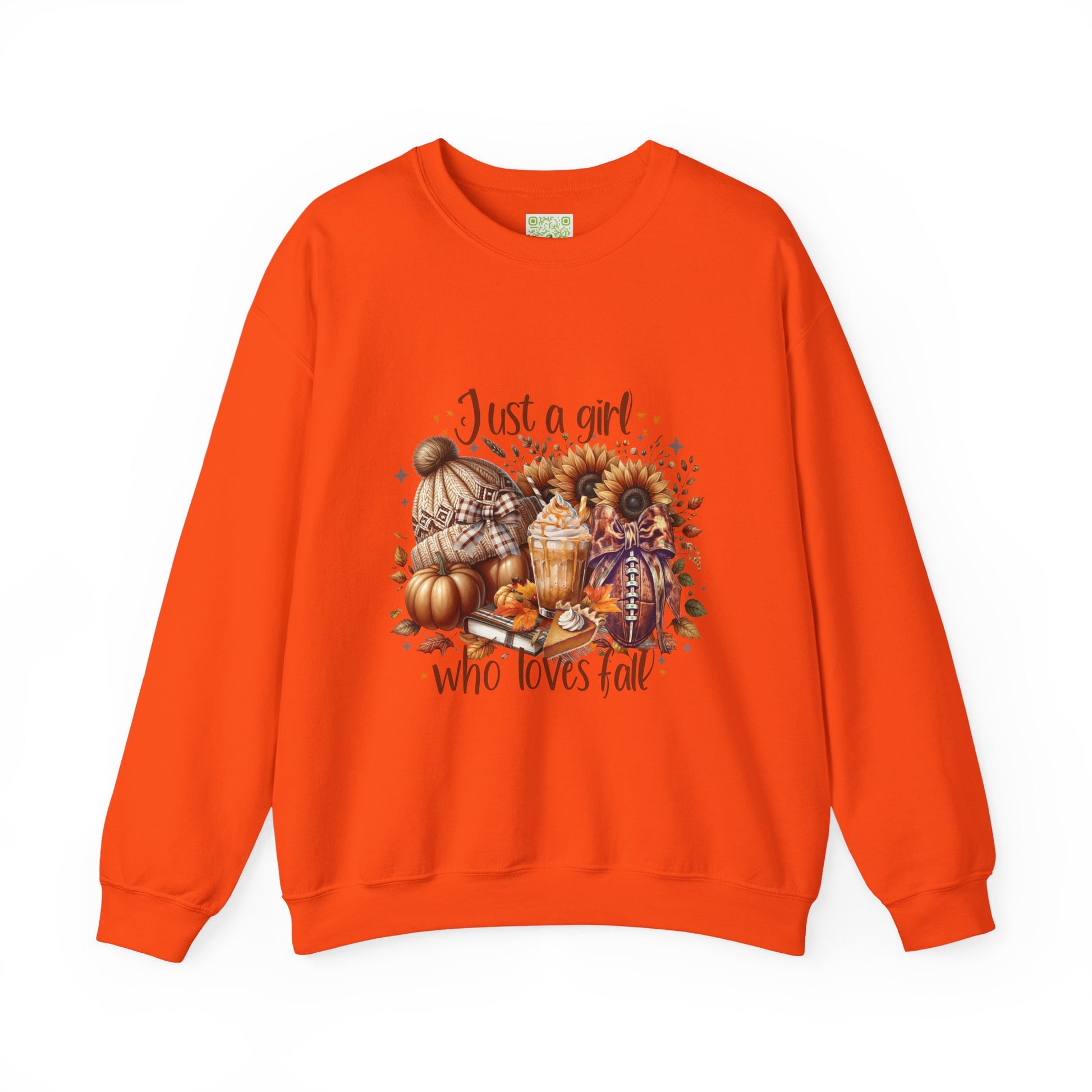 Woman wearing a cozy white sweatshirt with autumn-themed graphic saying 'Just a girl who loves fall'.