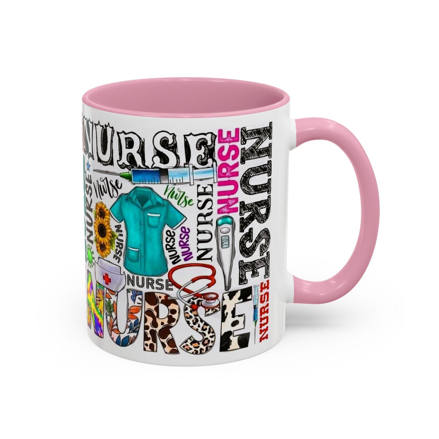 Colorful nurse coffee mug held by hands, ideal gift for nurse appreciation or nursing students.