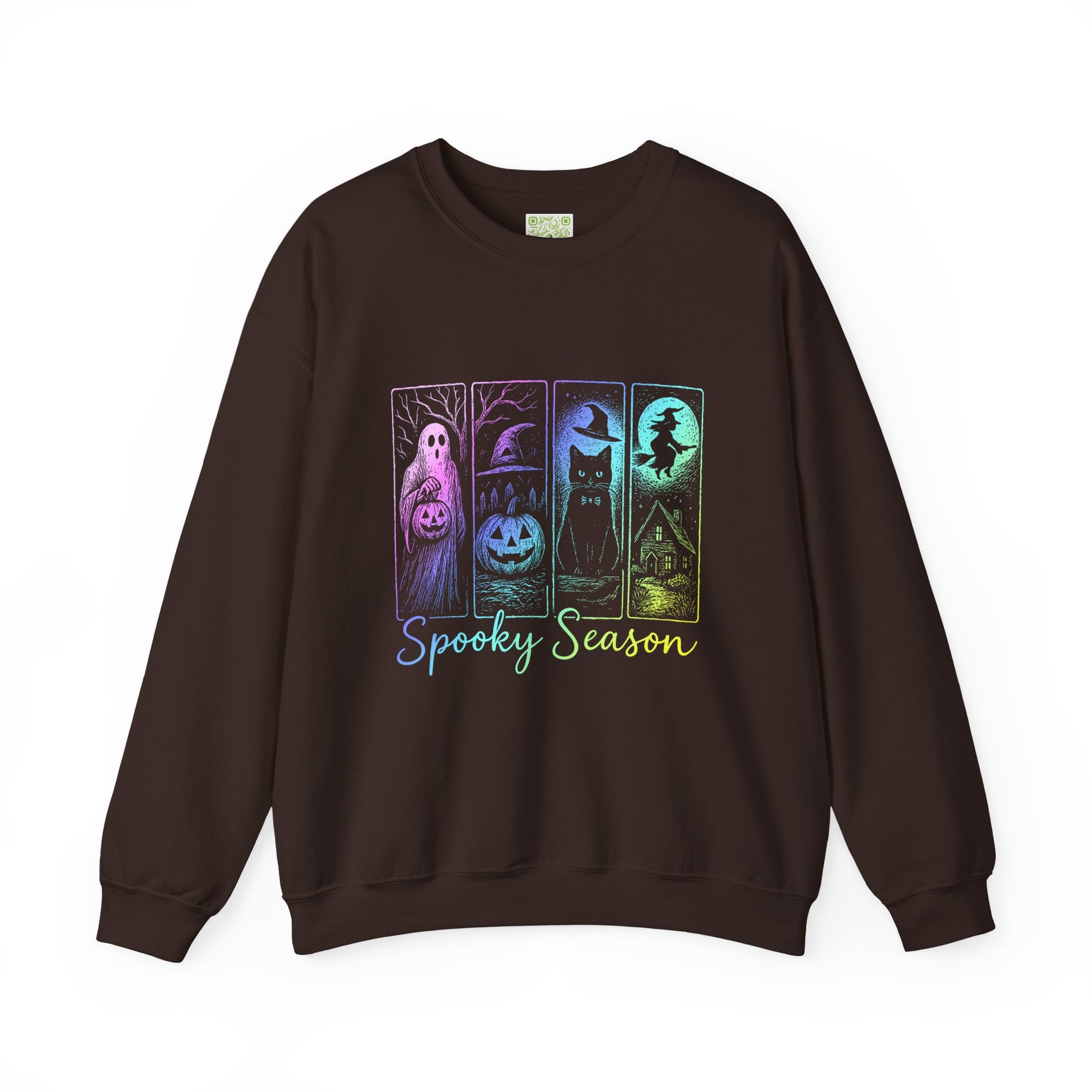Cozy Spooky Season sweatshirt with a colorful ghost, pumpkin, cat, and witch design, perfect for Halloween.