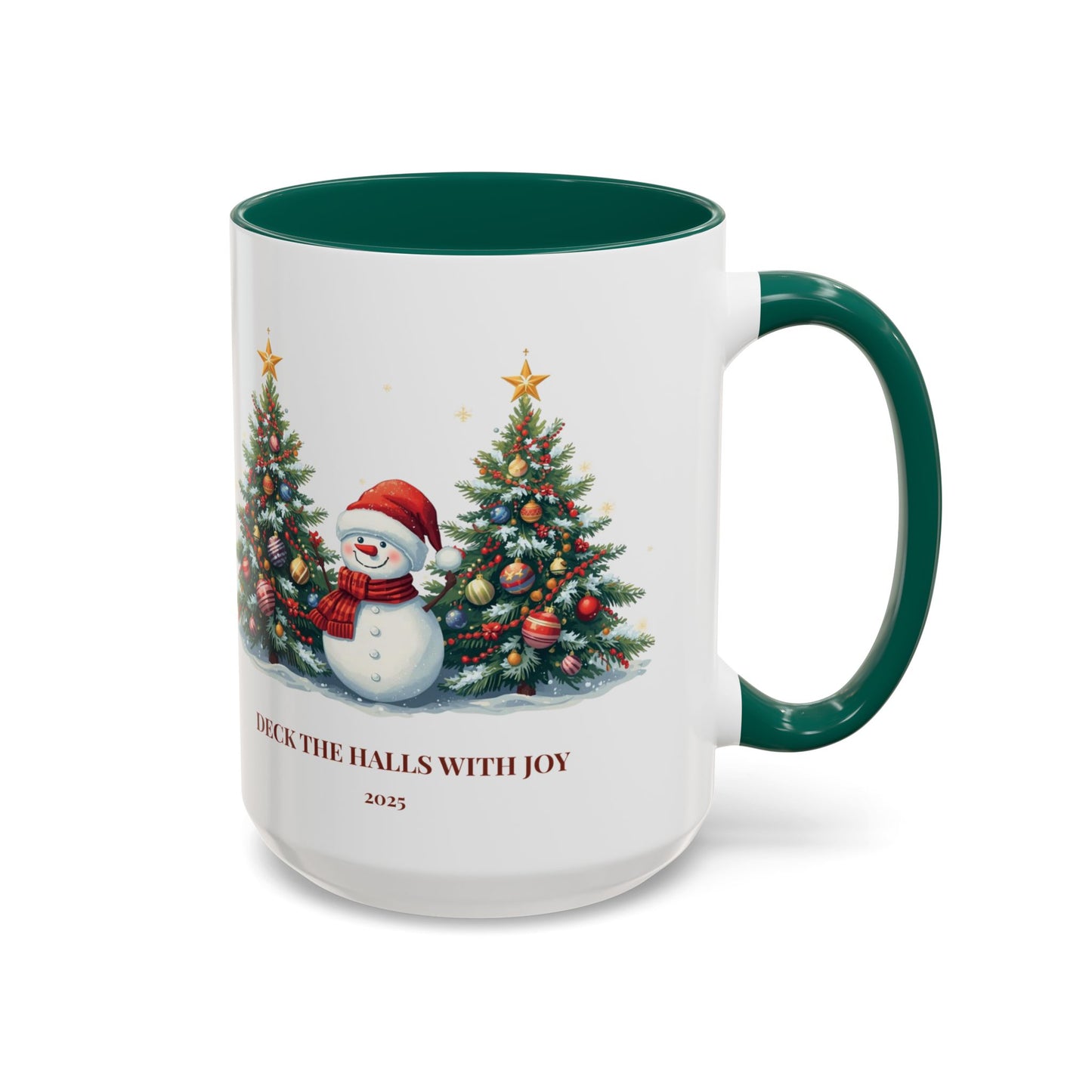 Christmas snowman mug with festive tree design, perfect for holiday drinks and cozy moments.