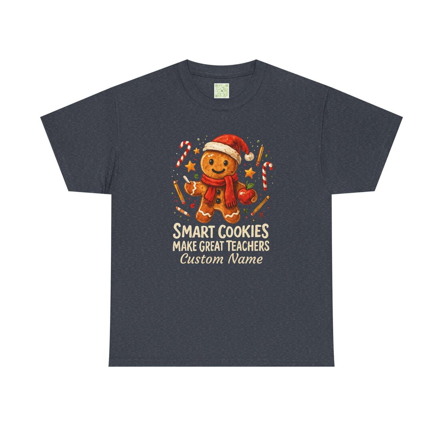 Gingerbread teacher holiday shirt with the phrase 'Smart Cookies Make Great Teachers' and festive decorations.