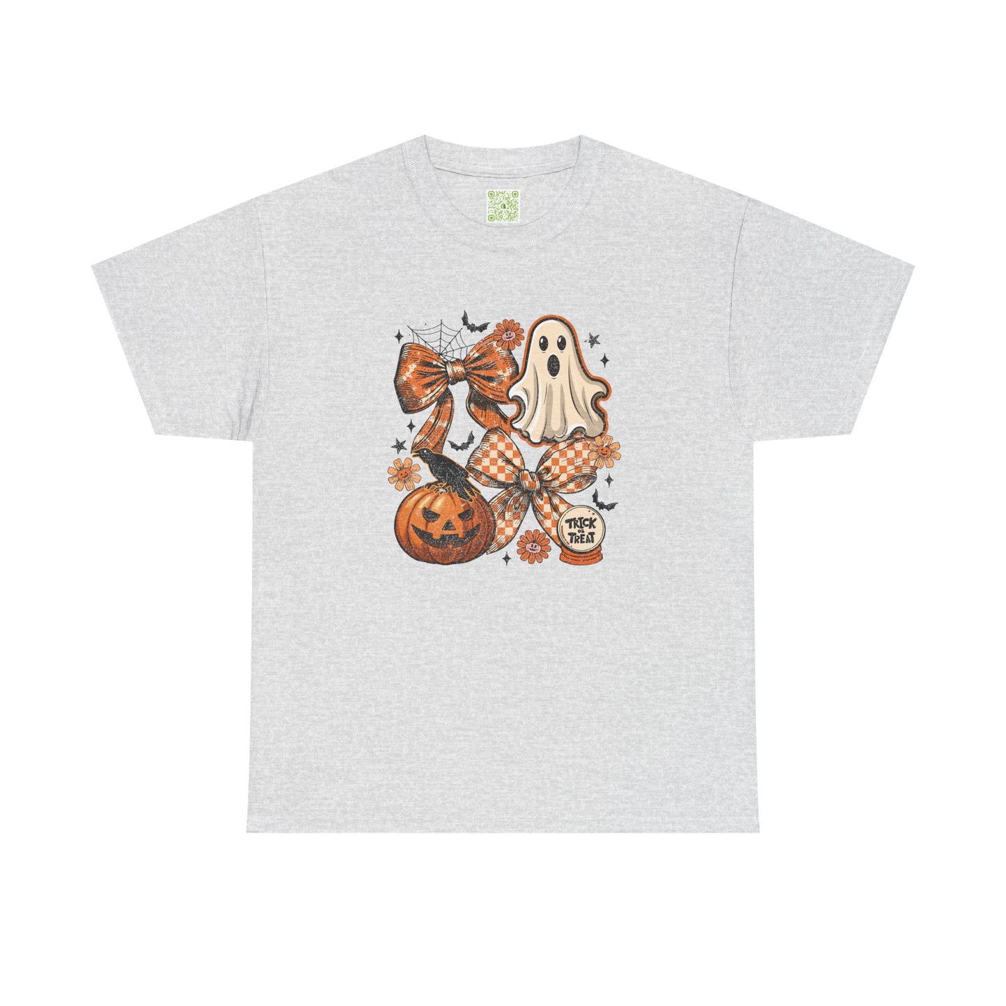 Vintage Coquette Halloween Tee featuring a pumpkin, ghost, and playful designs, perfect for fall festivities.