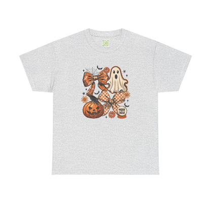 Vintage Coquette Halloween Tee featuring a pumpkin, ghost, and playful designs, perfect for fall festivities.