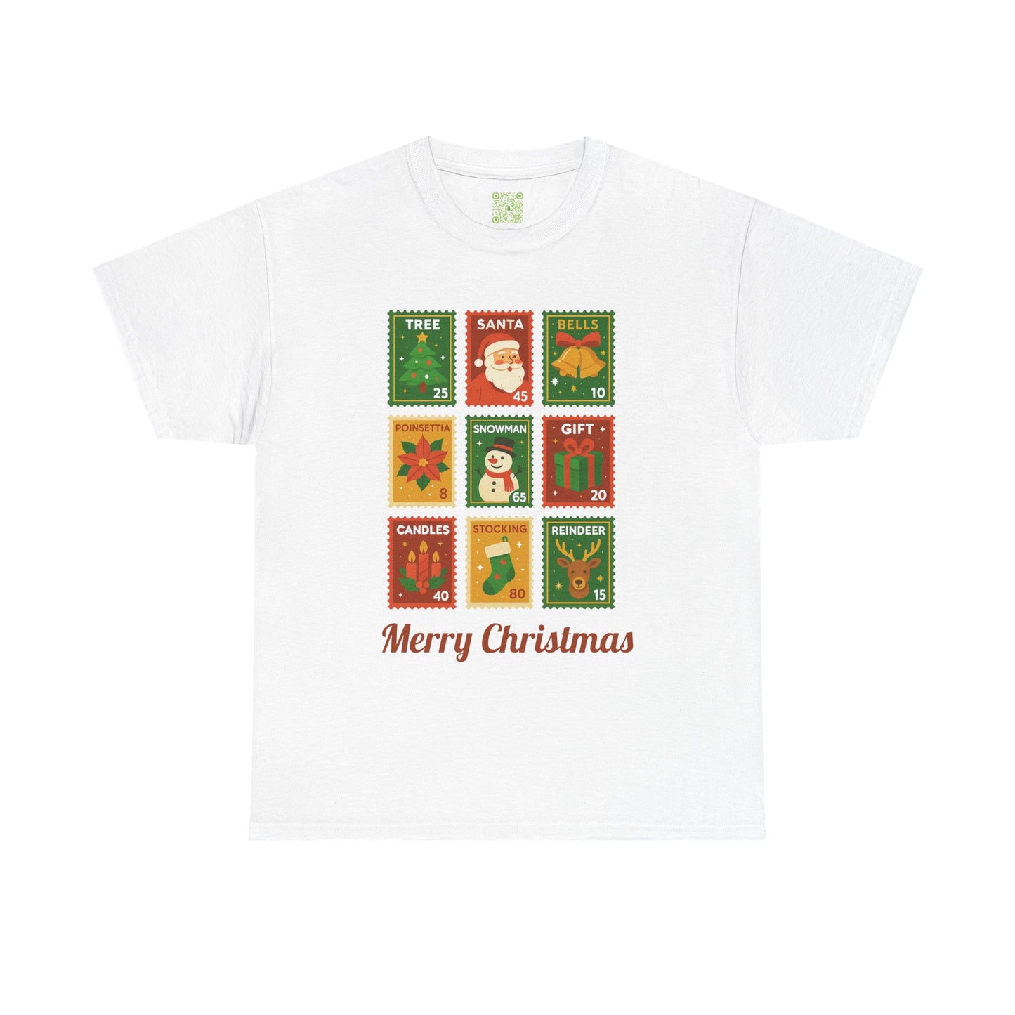 Christmas postage stamp shirt featuring festive designs and the text 'Merry Christmas'.