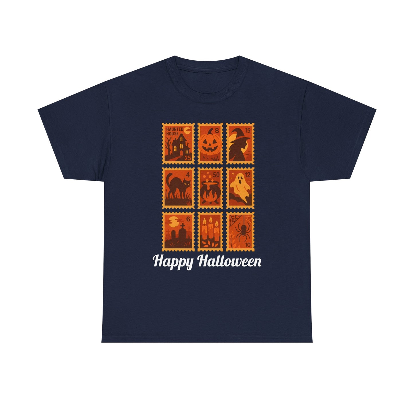  Halloween postage stamp t-shirt featuring spooky designs and 'Happy Halloween' text, perfect for fall fashion.